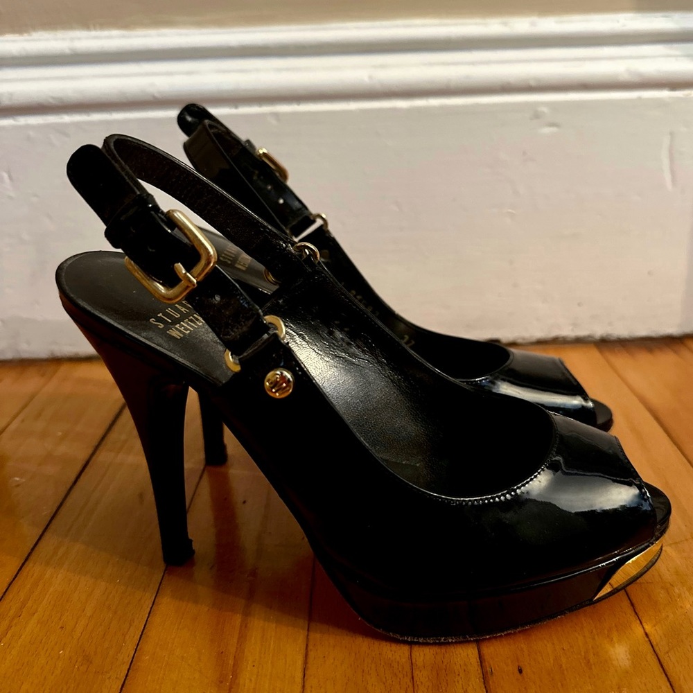 Stuart Weitzman Black Patent Leather Slingback Heels